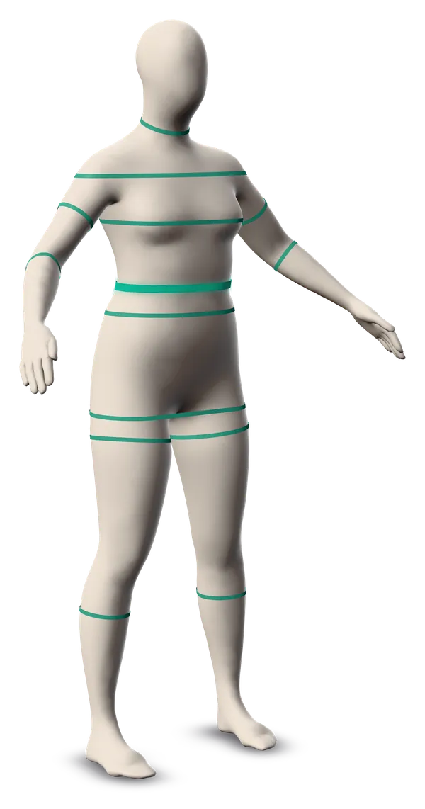 Leano’s 3D twin: a porcelain figure turned three-quarters, with jade tapes at the neck, shoulders, chest, arms, waist, belly, hips, thighs and calves.