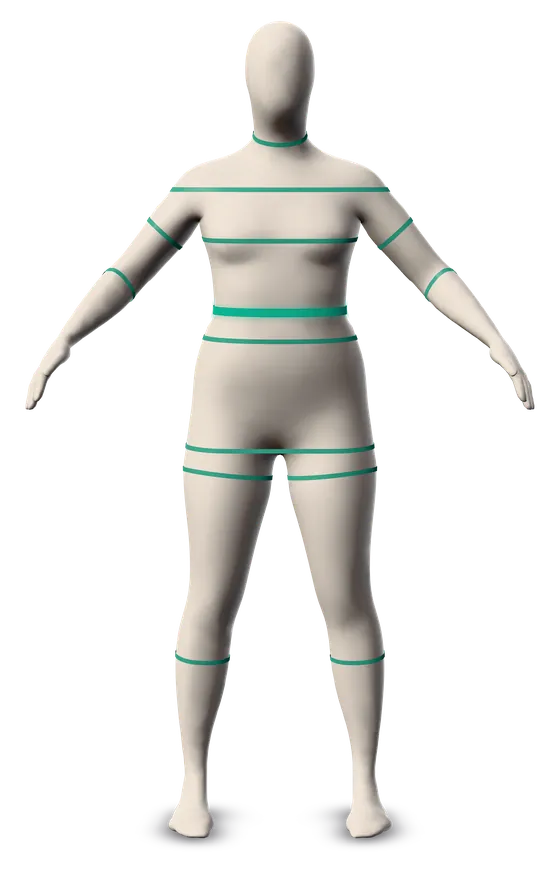 Front view of the female base figure with its 14 tape positions numbered from the neck down to the calves.